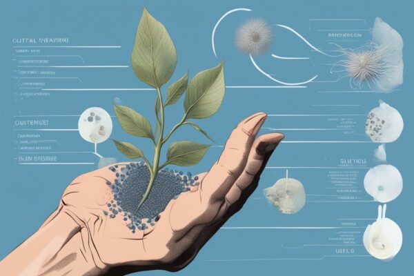 Moderne digitale Malerei-Illustration in Blau, Hand hält einen Samen mit Nahaufnahme und beschrifteten Schichten, was ist ein Seed.
