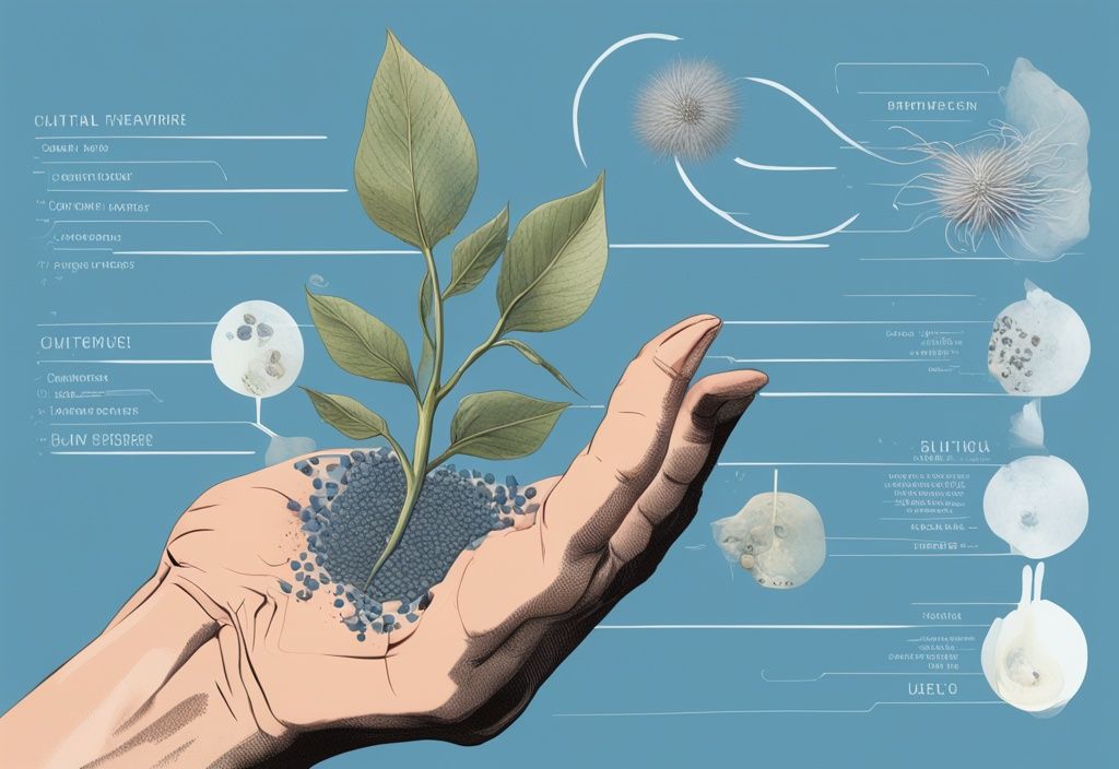 Moderne digitale Malerei-Illustration in Blau, Hand hält einen Samen mit Nahaufnahme und beschrifteten Schichten, was ist ein Seed.