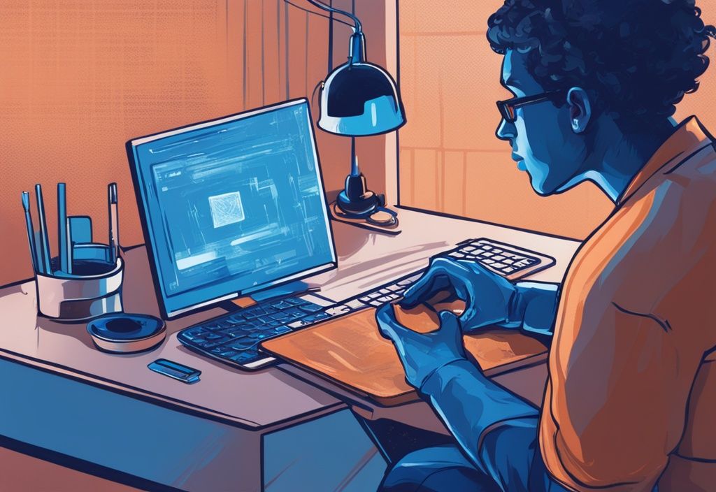Moderne digitale Malerei mit Blau als Hauptfarbe, Person untersucht sorgfältig die Benutzeroberfläche eines geöffneten Electrum Wallets auf ihrem Computerbildschirm, Electrum Wallet Test.