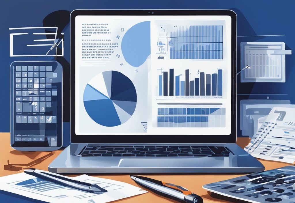 Modernes digitales Gemälde einer modernen Arbeitsfläche mit einem Laptop, der eine detaillierte Infografik zu Staking Steuern anzeigt, sowie einem Stift und verstreuten Finanzberichten.