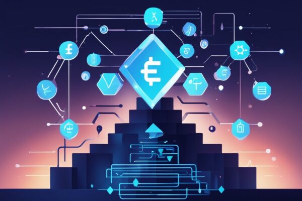 Glühendes Symbol des besten Blockchain ETF inmitten anderer ETF-Symbole in einer modernen digitalen Illustration mit blauem Farbschema.