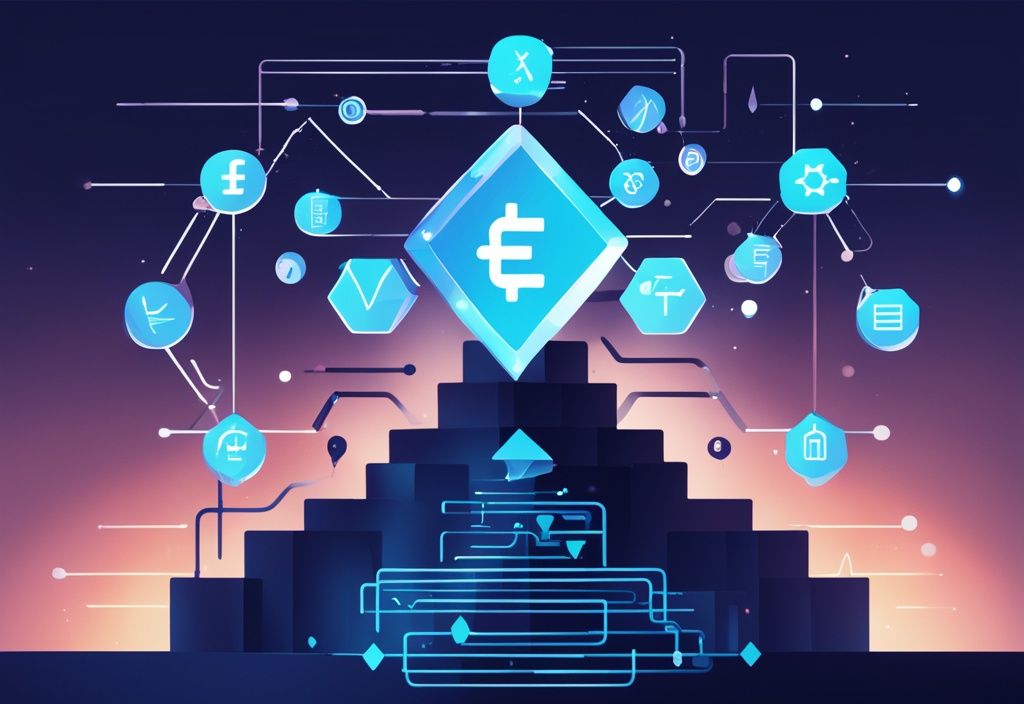 Glühendes Symbol des besten Blockchain ETF inmitten anderer ETF-Symbole in einer modernen digitalen Illustration mit blauem Farbschema.