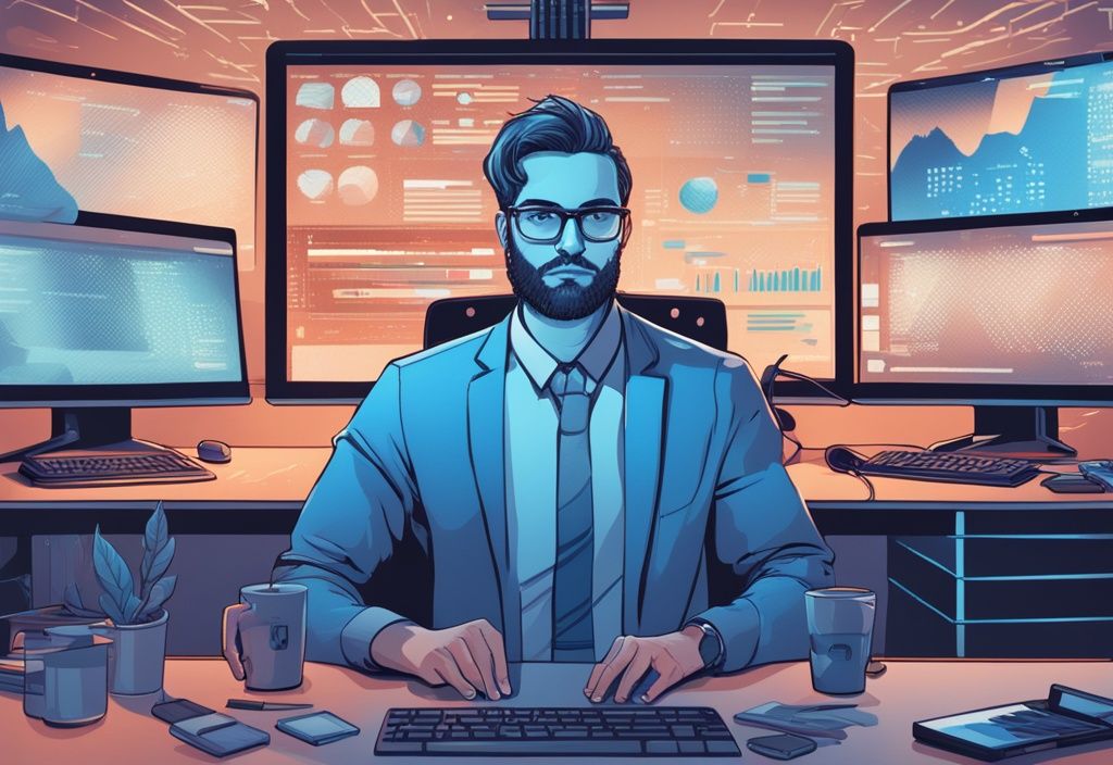 Moderner digitaler Gemälde-Illustration eines selbstbewussten Blockchain-Entwicklers an einem Arbeitsplatz mit mehreren Bildschirmen, die Codes anzeigen, und einem hohen Gehaltsscheck auf dem Schreibtisch. Blockchain Developer Gehalt.
