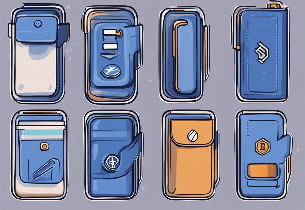 Moderne digitale Malerei-Illustration mit blauer Farbgebung, verschiedene Kryptowährungs-Wallets nebeneinander zur Vergleichsanalyse dargestellt.