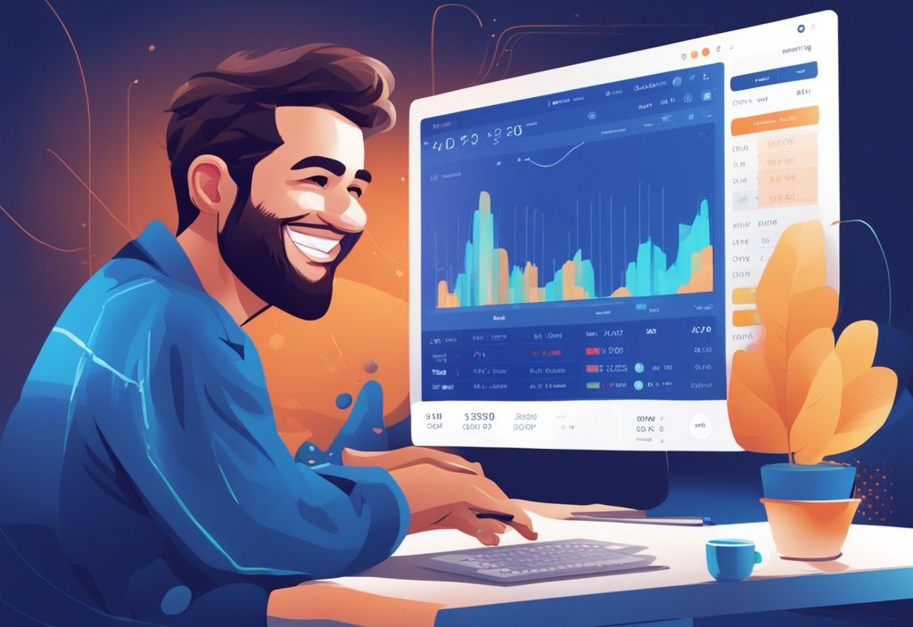 Moderne digitale Malerei in Blau, Investor lächelt zufrieden auf Coinrule App mit Datencharts am Desktop
