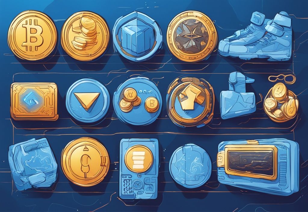 Moderne digitale Malerei mit blauem Farbschema, die verschiedene Token-Typen wie Kryptowährung, Gaming und Transport zeigt, jeweils mit einer kurzen Beschreibung darunter.