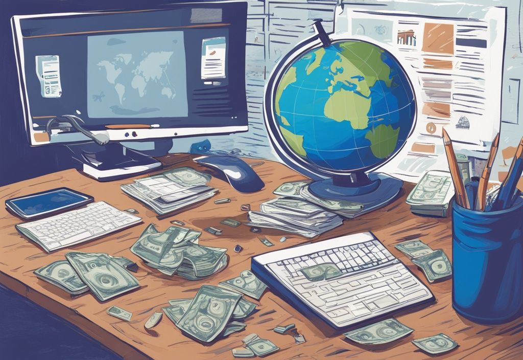 Moderne digitale Illustration mit blauem Farbschema: Globus mit verschiedenen Währungen auf Schreibtisch, umgeben von Steuerformularen; Computerbildschirm zeigt internationale Handelsplattform - Trading Steuern im Ausland.