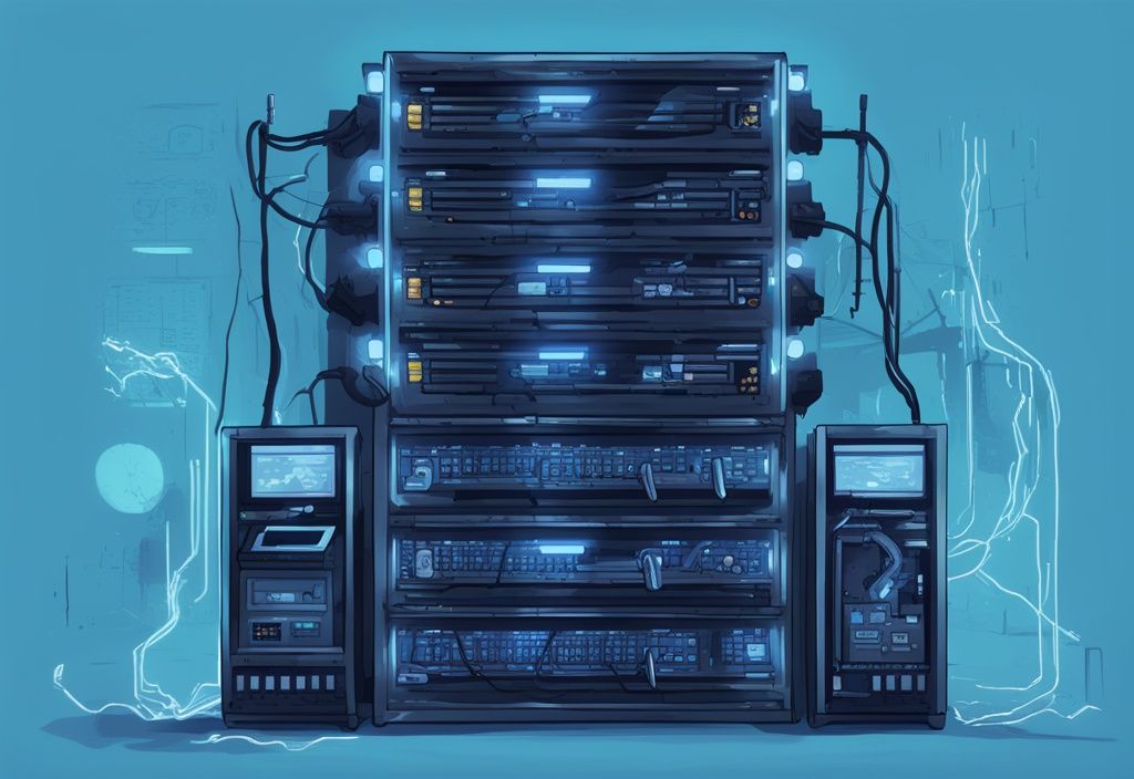 Moderne digitale Malerei mit blauem Farbschema, zeigt ein digitales Mining-Rig mit leuchtenden Zahlen, die eine hohe Hashrate anzeigen.