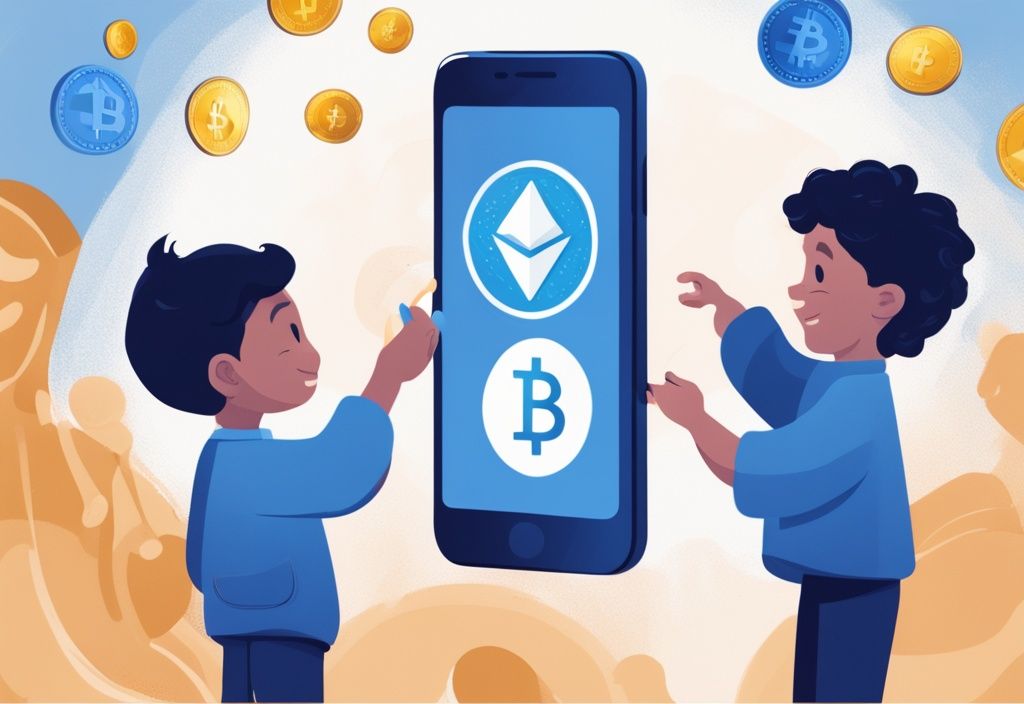 Kind erhält Crypto Freibetrag von Smartphone, digitale Illustration in Blau