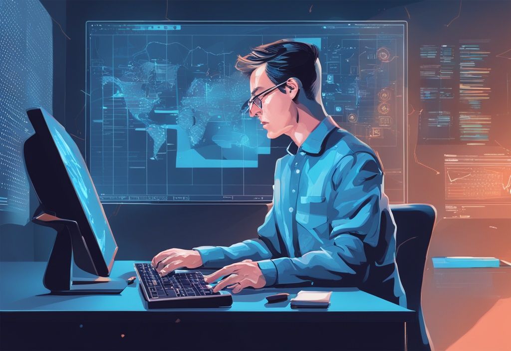 Moderne digitale Illustration in Blau zeigt eine verwirrte Person, die auf einen Computerbildschirm mit Kryptowährungsdiagrammen und hervorgehobenem Steuerformular schaut, muss man Einnahmen aus Crypto nochmal versteuern.