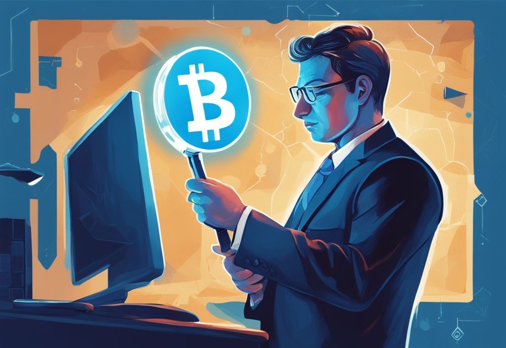 Moderner digitaler Gemälde-Illustration eines verwirrten Steuerbeamten, der ein leuchtendes Bitcoin-Symbol mit einer Lupe untersucht, symbolisiert die Untersuchung von Kryptowährungen, Hauptfarbthema Blau.