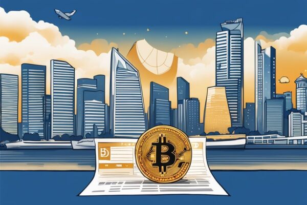 Moderne digitale Malerei mit blauem Farbschema, Skyline von Singapur im Hintergrund, goldener Bitcoin und Steuerformular im Vordergrund, Krypto Steuern Singapur.