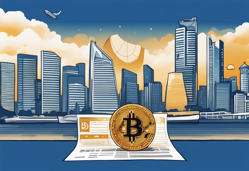 Moderne digitale Malerei mit blauem Farbschema, Skyline von Singapur im Hintergrund, goldener Bitcoin und Steuerformular im Vordergrund, Krypto Steuern Singapur.