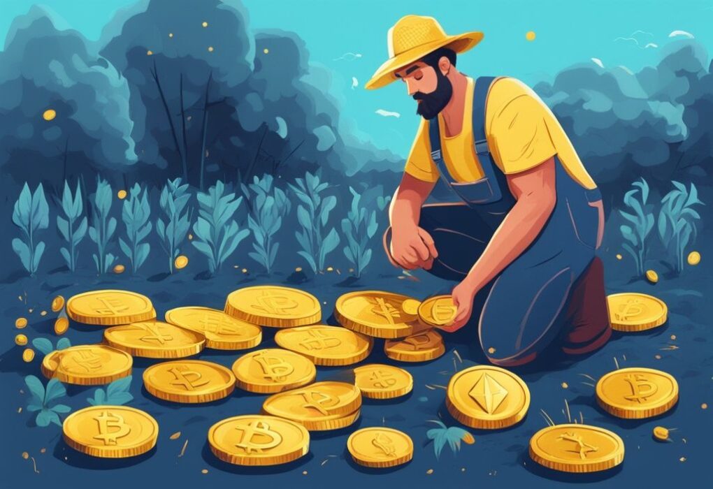 Alles über Yield Farming: Ihre Anleitung für profitables Investieren Moderner digitaler Gemälde-Illustration eines Bauern, der goldene Münzen mit Kryptowährungssymbolen von digitalen Pflanzen erntet, was das Konzept des Yield Farming darstellt.