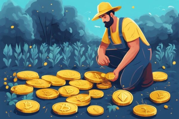 Alles über Yield Farming: Ihre Anleitung für profitables Investieren Moderner digitaler Gemälde-Illustration eines Bauern, der goldene Münzen mit Kryptowährungssymbolen von digitalen Pflanzen erntet, was das Konzept des Yield Farming darstellt.