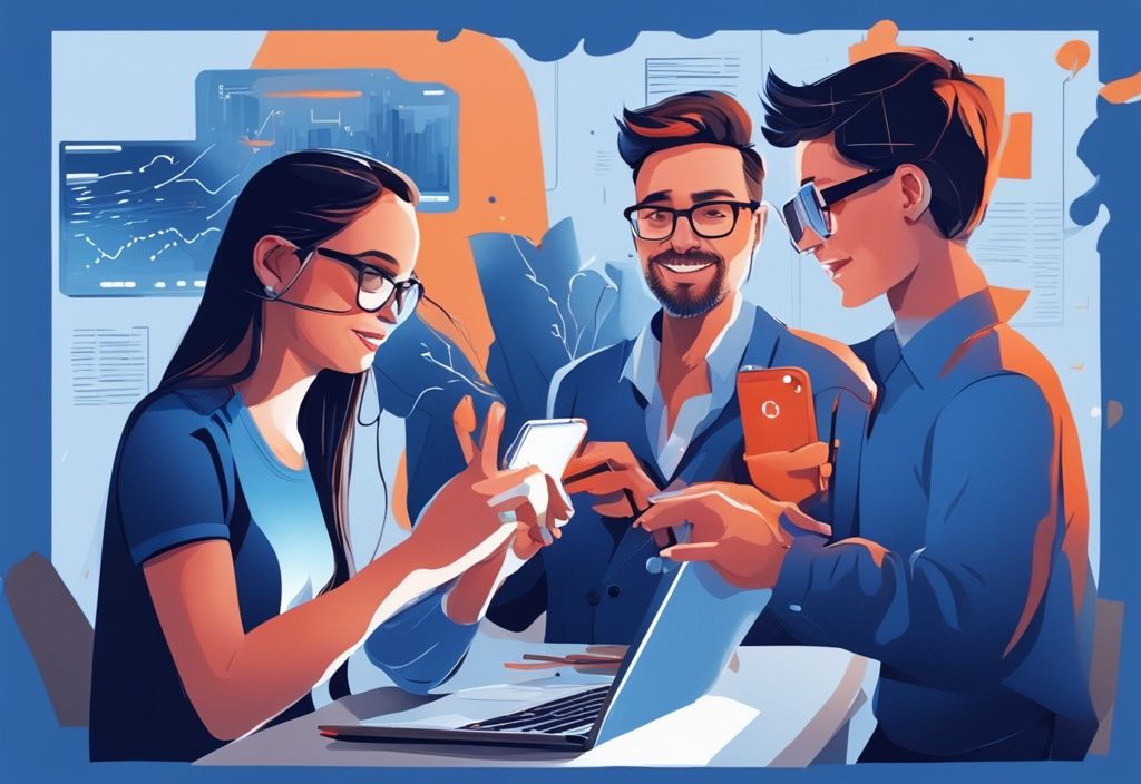 Moderne digitale Illustration in Blau: Eine diverse Gruppe von Menschen, von jungen Technikbegeisterten bis zu professionellen Investoren, diskutiert leidenschaftlich und teilt ihre Koinly Erfahrungen auf digitalen Geräten.