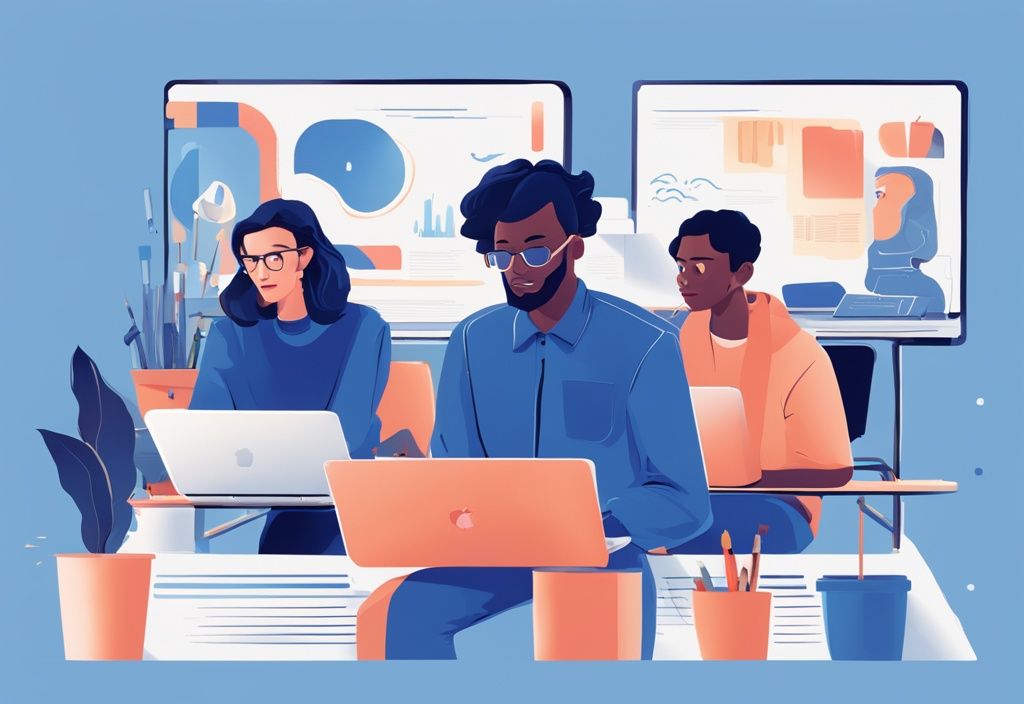 Moderne digitale Illustration in Blau mit einer vielfältigen Gruppe zufriedener Menschen, die an Computern mit sichtbarer 3Commas-Plattform arbeiten.