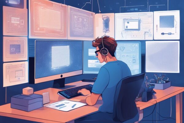 Moderne digitale Illustration eines Blockchain Programmierers, der an einem Schreibtisch mit mehreren Monitoren sitzt und eine dezentrale Anwendung codiert, umgeben von Symbolen der Blockchain-Technologie wie verbundenen Blöcken und Verschlüsselungscodes. was ist ein Blockchain Programmierer