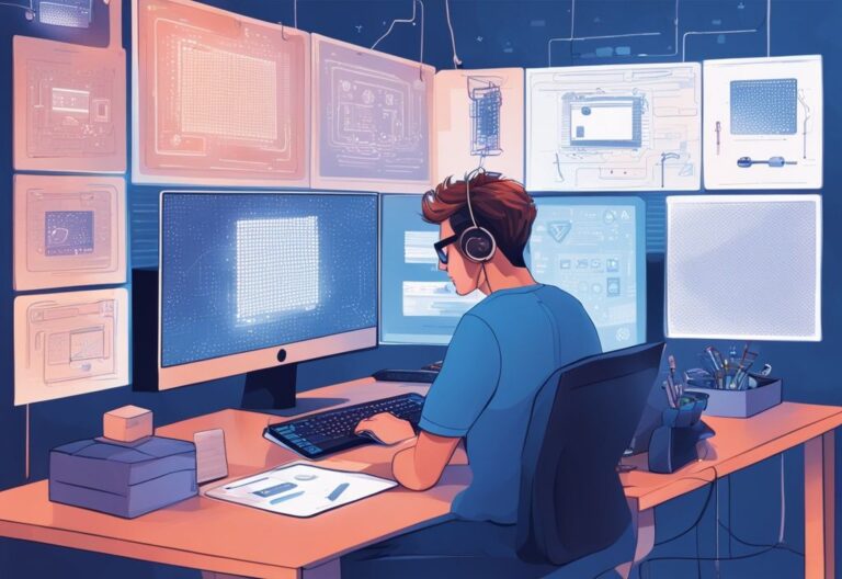Moderne digitale Illustration eines Blockchain Programmierers, der an einem Schreibtisch mit mehreren Monitoren sitzt und eine dezentrale Anwendung codiert, umgeben von Symbolen der Blockchain-Technologie wie verbundenen Blöcken und Verschlüsselungscodes. was ist ein Blockchain Programmierer