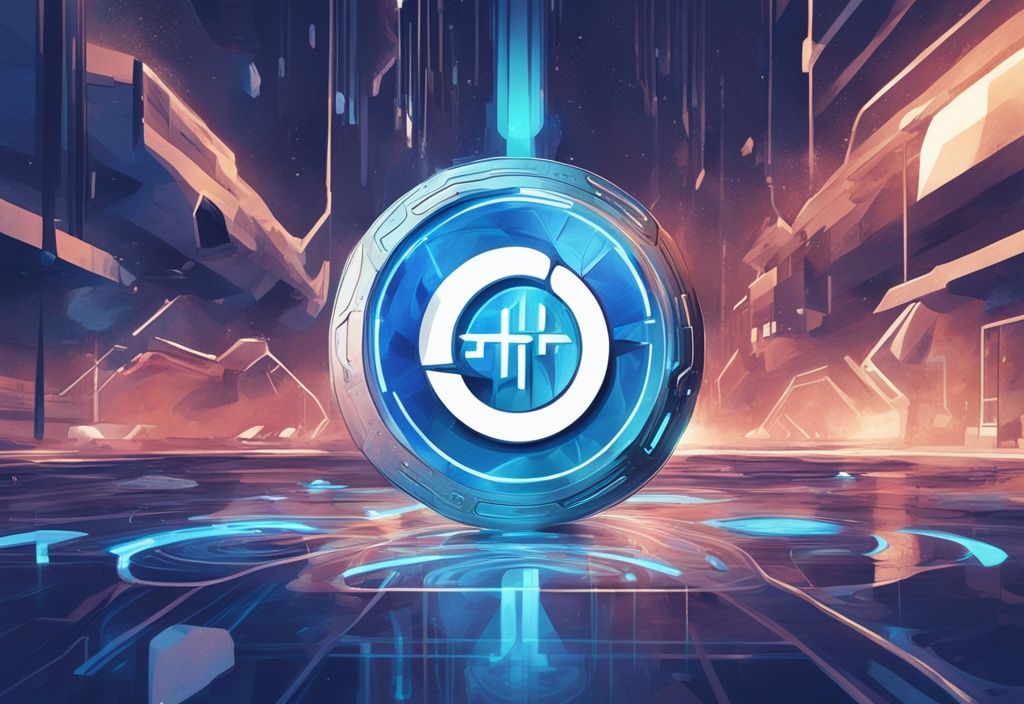 Futuristische digitale Illustration einer blauen Münze mit Radix-Logo in abstrakter Umgebung
