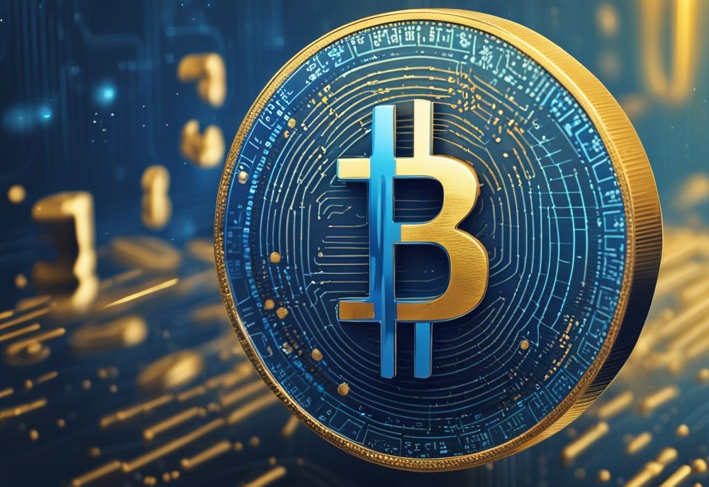 Moderne digitale Malerei mit blauem Farbschema, komplexe mathematische Gleichungen schweben über einer goldenen Kryptowährungsmünze, die das Konzept von Quant Crypto symbolisiert.