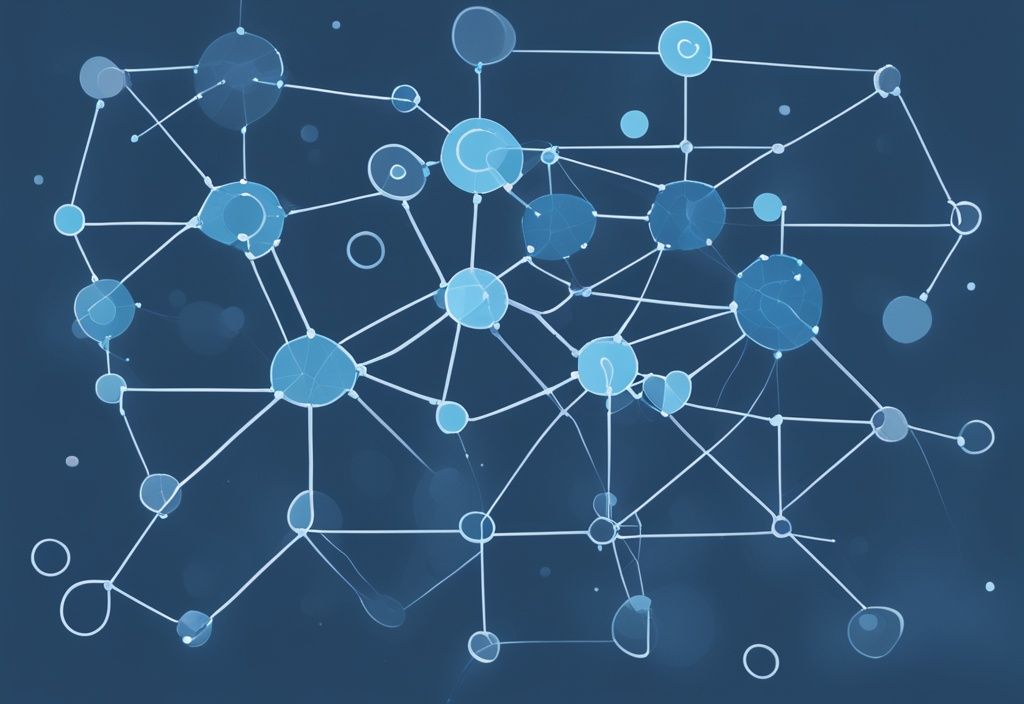Modernes digitales Gemälde mit blauem Farbschema, das ein Netzwerkdiagramm mit verbundenen Knoten zeigt, wobei ein Knoten als 'MyNode' für personalisierte Netzwerkinteraktion gekennzeichnet ist.