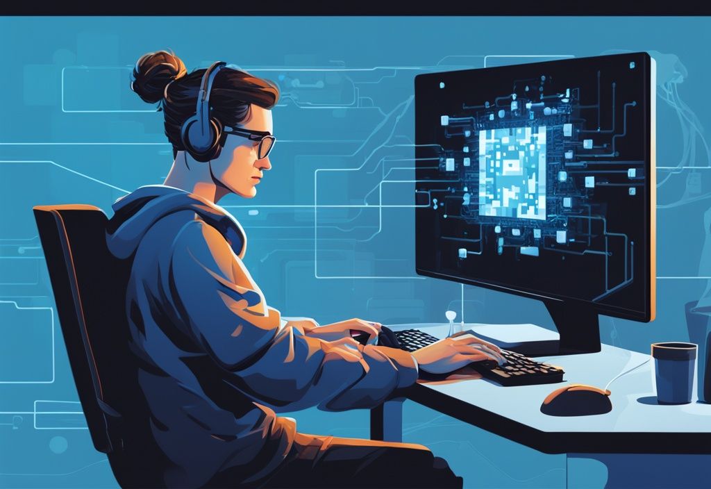Moderner digitaler Gemäldeillustration eines konzentrierten Programmierers, der an einem Computer mit Code arbeitet, umgeben von schwebenden Blockchain-Symbolen, Hauptfarbthema Blau.