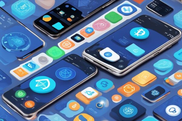 Beste Welche App für Krypto: Leitfaden für sicheren Kryptohandel Moderne digitale Illustration mit blauer Farbthematik, die beliebte und neue Krypto-Apps auf dem Bildschirm eines modernen Smartphones zeigt, welche App für Krypto.