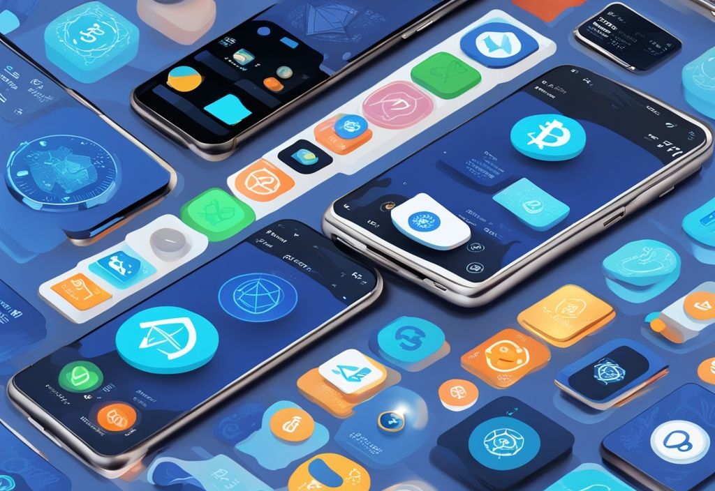 Moderne digitale Illustration mit blauer Farbthematik, die beliebte und neue Krypto-Apps auf dem Bildschirm eines modernen Smartphones zeigt, welche App für Krypto.
