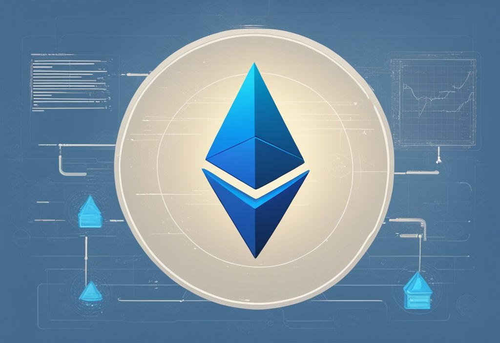 Moderne digitale Illustration mit blauem Farbschema, die das Ethereum-Symbol im Vordergrund und im Hintergrund ein Flussdiagramm zeigt, das den Ethereum EIP-1559 erklärt.