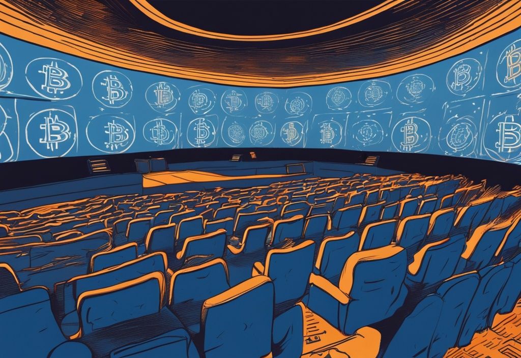 Digitale Illustration mit blauem Farbschema, Kinoprojektor strahlt Bitcoin-Symbole auf Leinwand - Movie2k Bitcoins