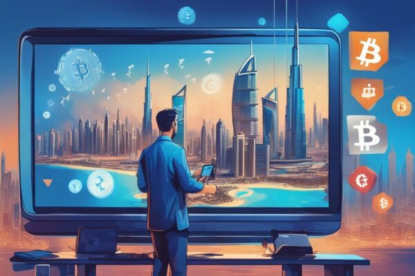 Moderne digitale Illustration mit blauem Farbschema, zeigt Dubais Skyline mit Wahrzeichen im Hintergrund, im Vordergrund inspiziert ein Mann einen digitalen Bildschirm mit Kryptowährungssymbolen und Steuersätzen - Dubai Krypto Steuern.