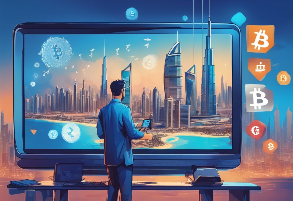 Moderne digitale Illustration mit blauem Farbschema, zeigt Dubais Skyline mit Wahrzeichen im Hintergrund, im Vordergrund inspiziert ein Mann einen digitalen Bildschirm mit Kryptowährungssymbolen und Steuersätzen - Dubai Krypto Steuern.
