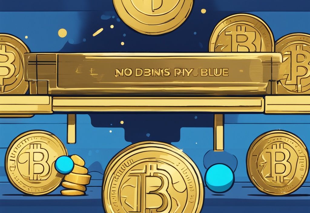 Moderne digitale Malerei mit blauer Farbthematik, zeigt eine Waage mit einem Goldbarren auf der einen Seite und einem Stapel leuchtender digitaler Münzen auf der anderen, symbolisiert Krypto Hebelwirkung.