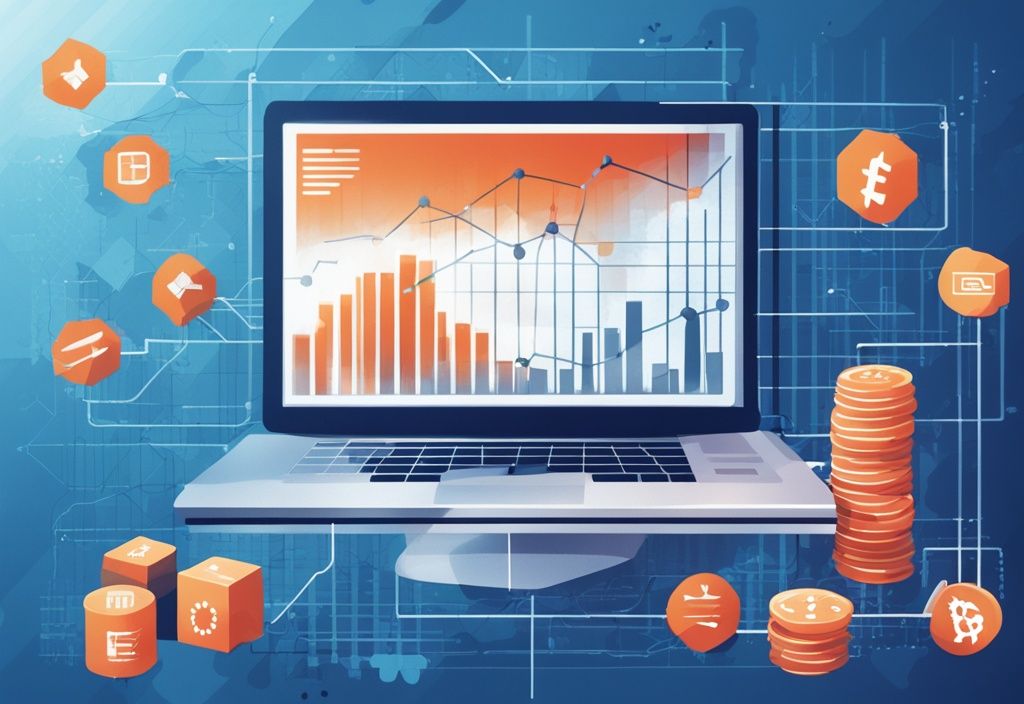 Moderne digitale Malerei mit blauen Farbtönen, Blockchain-Technologie-Icons in einem digitalen Netzwerk verbunden, Finanzbalkendiagramm im Hintergrund symbolisiert ETF-Wachstum.
