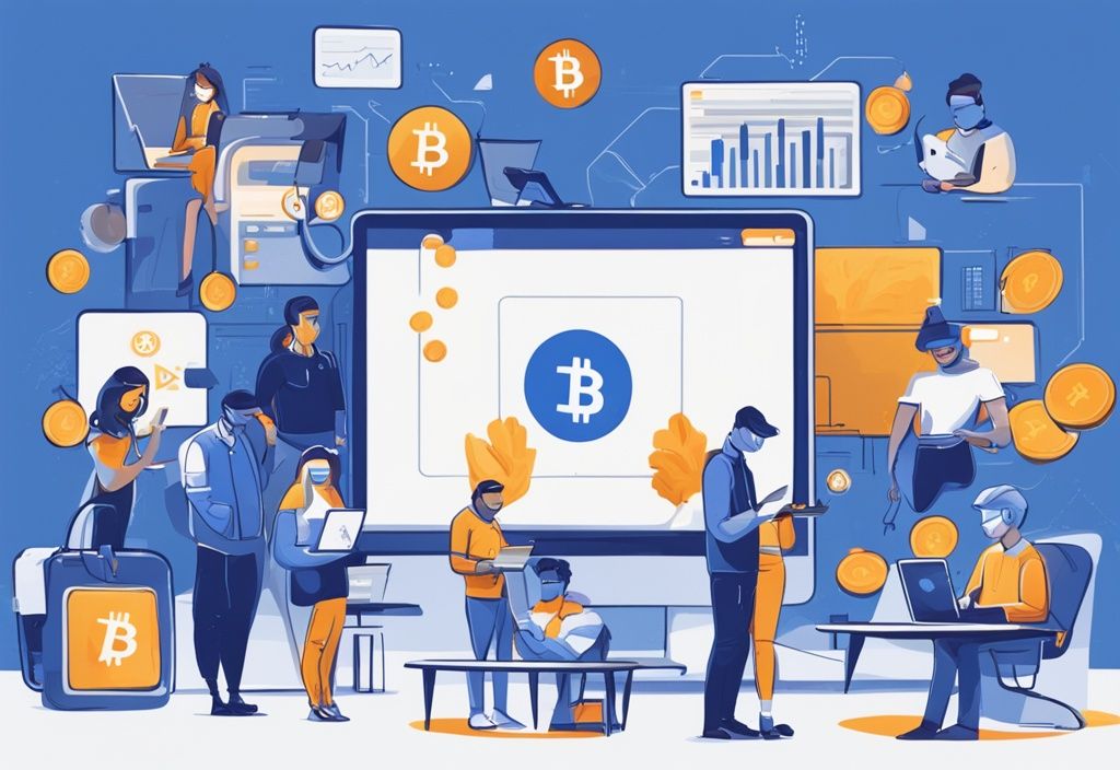 Moderne digitale Malerei mit blauem Farbschema, zeigt eine diverse Gruppe von Menschen, die in Echtzeit Updates zu ihren Kryptowährungsinvestitionen und -geschäften auf mobilen Geräten und Laptops erhalten.