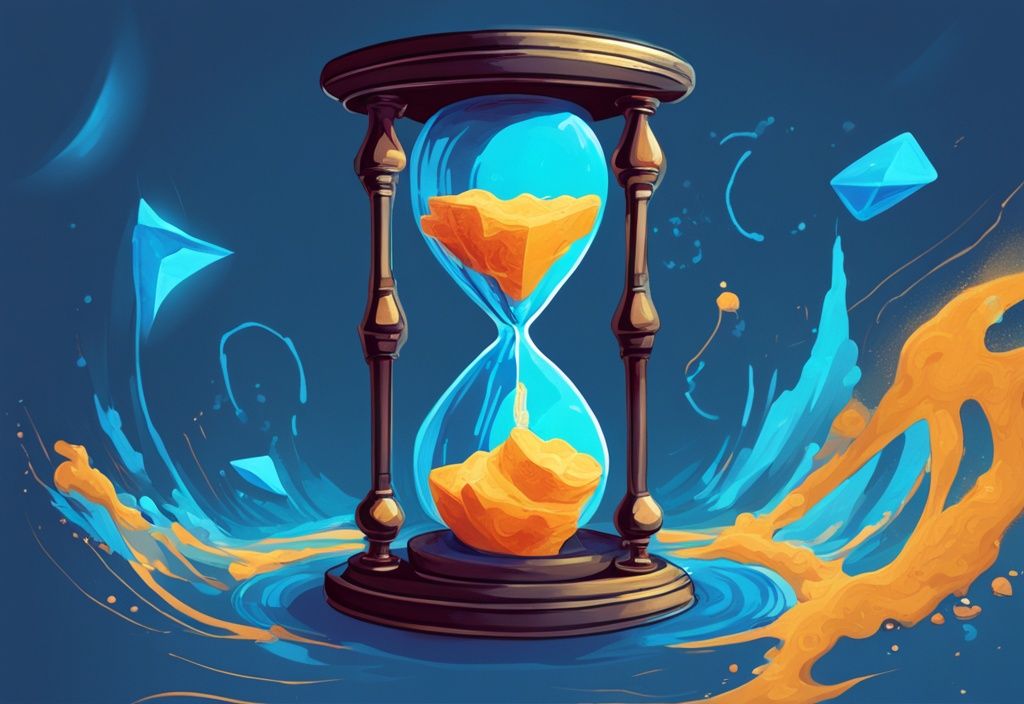 Moderne digitale Malerei mit blauem Farbschema, eine digitale Sanduhr in der Mitte und ein Bitcoin-Symbol, das zwischen zwei elektronischen Geräten übertragen wird.
