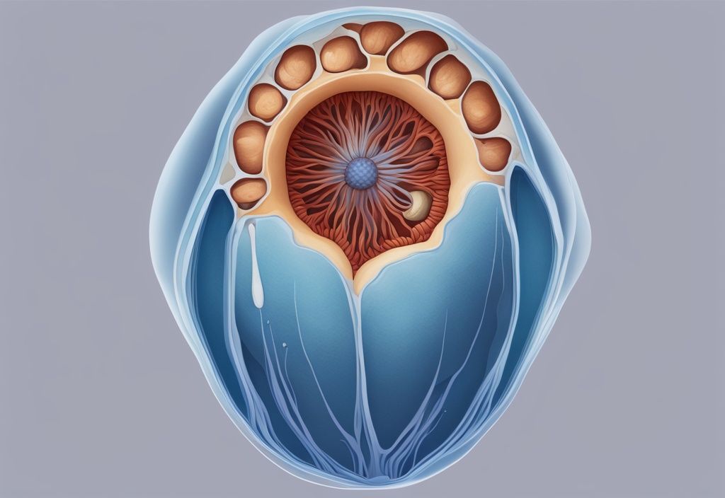 Moderne digitale Illustration eines Samenkerns im Querschnitt mit blauer Farbgebung, zeigt Außenschale, Samenschale, Embryo und Endosperm.