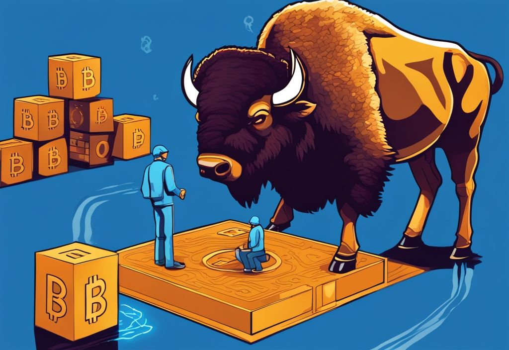 Moderne digitale Malerei eines Bisons im Blockchain-Stil, der symbolisch Bitcoin in eine digitale Geldbörse überträgt, Hauptfarbthema Blau.