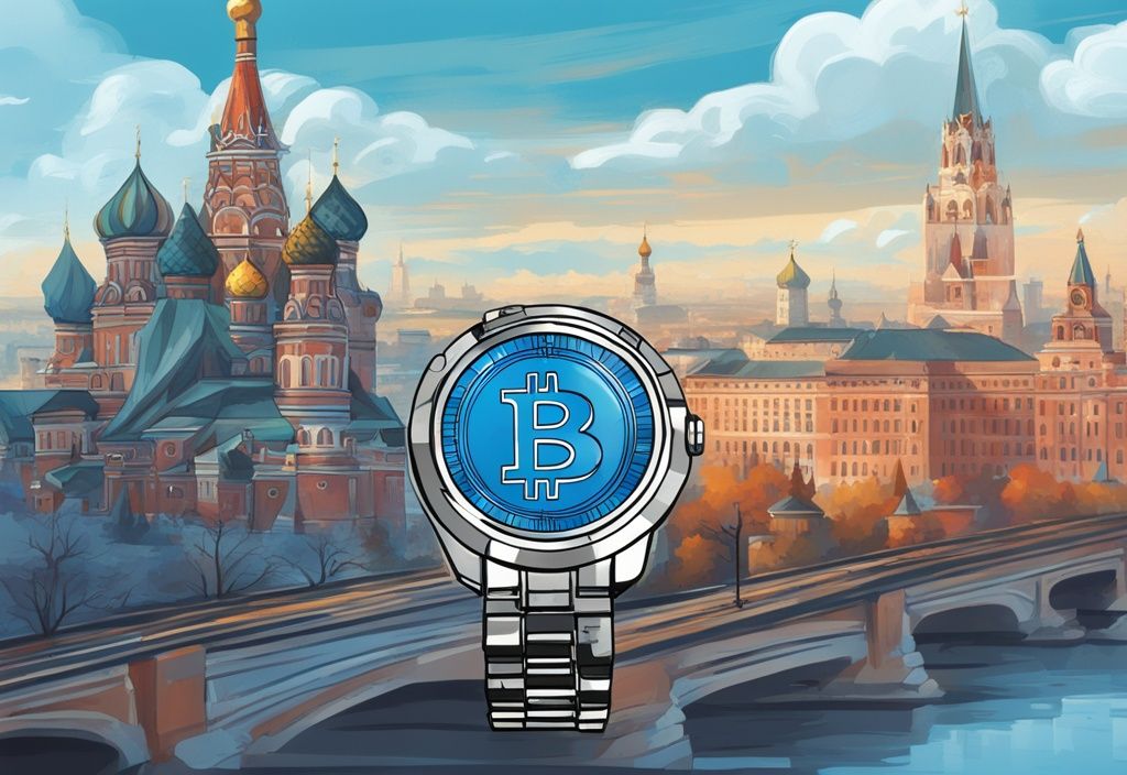 Moderne digitale Malerei mit Bitcoin, Moskaus Stadtbild und Kreml im Hintergrund, betont Zeitkonzept mit Uhranzeige, Hauptfarbe Blau