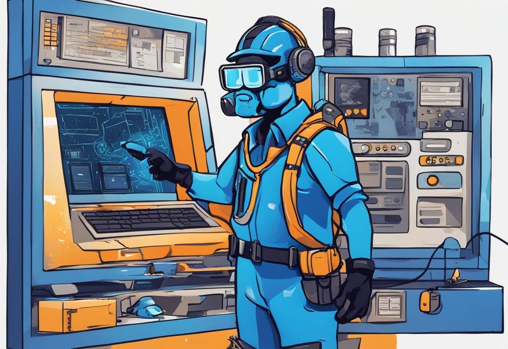 Nerdiger Charakter mit Bergbauausrüstung zeigt auf digitalen Bildschirm mit Nerdminer-Anweisungen, moderne digitale Illustration in Blautönen