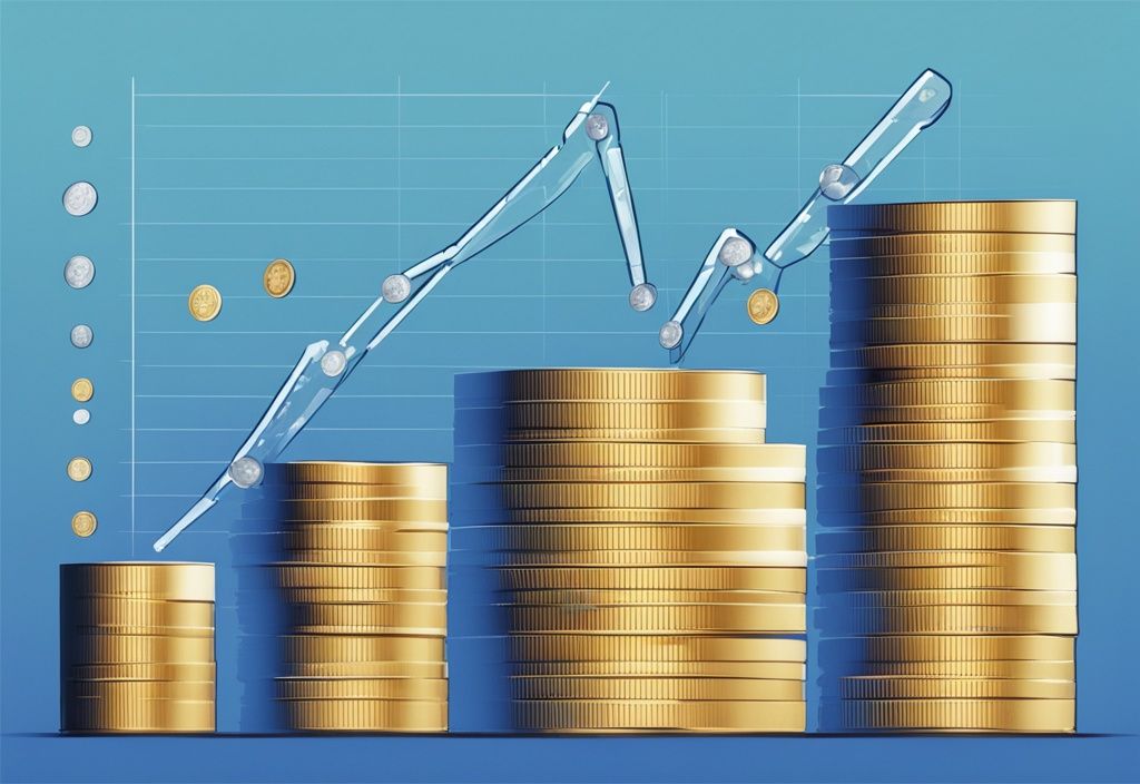 Moderne digitale Malerei mit blauem Farbschema, glänzende digitale Münzen mit der Aufschrift "The Graph Coin" in verschiedenen Höhen, die eine grafische Darstellung bilden.