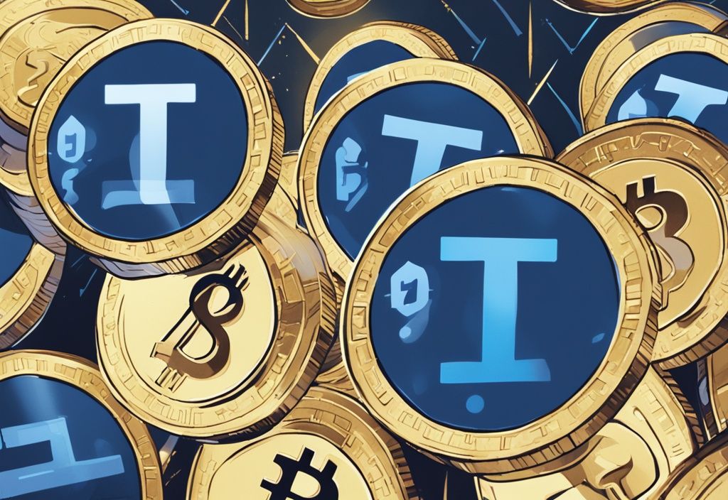 Digitales Gemälde mit blauen Farbtönen, Münzen mit Fragezeichen, Spotlight, symbolisiert unterbewertete Kryptowährungen