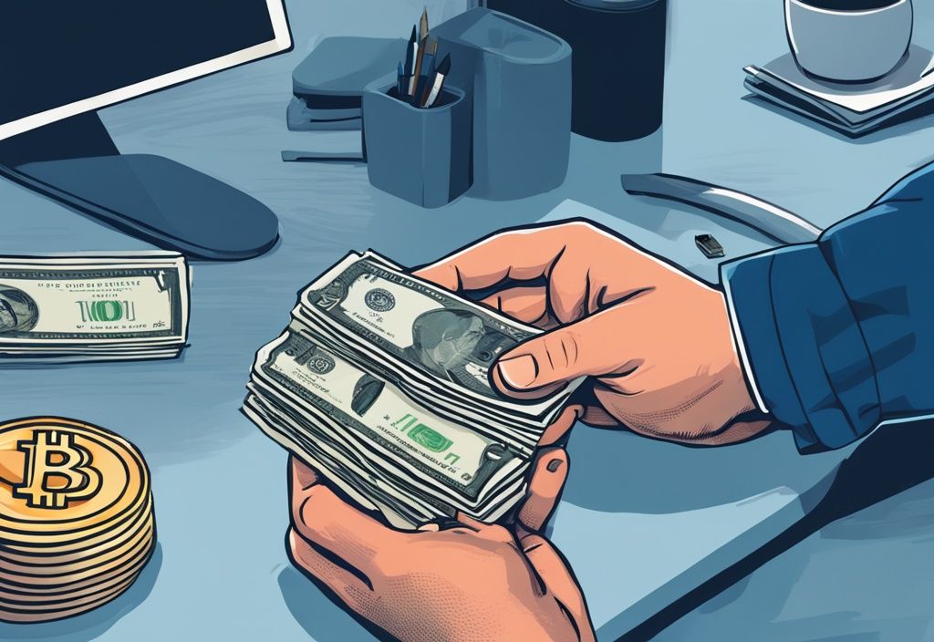 Hände tauschen Bitcoin in Euro auf modernem Schreibtisch, digitales Gemälde in Blau.
