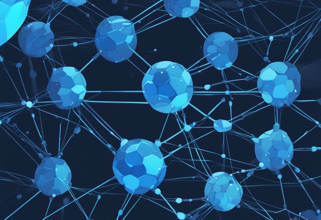 Moderne digitale Malerei mit blauer Farbthematik, die makroskalige Darstellungen von digitalen Knotenpunkten zeigt, die Shibariums Blockchain-Infrastruktur symbolisieren.