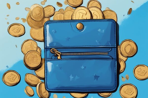 Moderne digitale Malerei mit blauem Farbthema, glänzende neue Meme Coins fallen in stilvolle, unversiegelte Lederbrieftasche.