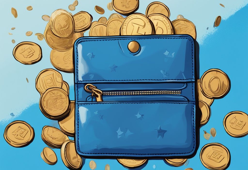 Moderne digitale Malerei mit blauem Farbthema, glänzende neue Meme Coins fallen in stilvolle, unversiegelte Lederbrieftasche.
