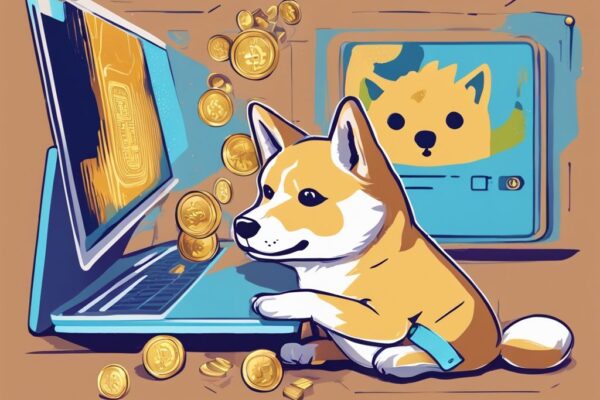 Ein modernes digitales Gemälde zeigt einen verspielten Shiba Inu, das Maskottchen von Dogecoin, der eine Goldmünze mit dem Dogecoin-Logo hält und neugierig auf einen Computerbildschirm mit verschiedenen Kryptowährungsbörsen blickt; was ist Dogecoin?