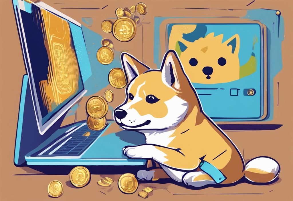 Ein modernes digitales Gemälde zeigt einen verspielten Shiba Inu, das Maskottchen von Dogecoin, der eine Goldmünze mit dem Dogecoin-Logo hält und neugierig auf einen Computerbildschirm mit verschiedenen Kryptowährungsbörsen blickt; was ist Dogecoin?