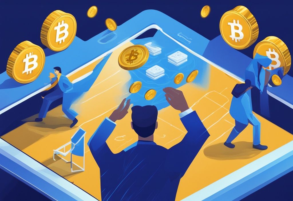 Erfolgreiche Krypto-Transaktion auf Binance, digitale Illustration, blaue Farbthematik, Münzen werden zwischen zwei Konten gesendet